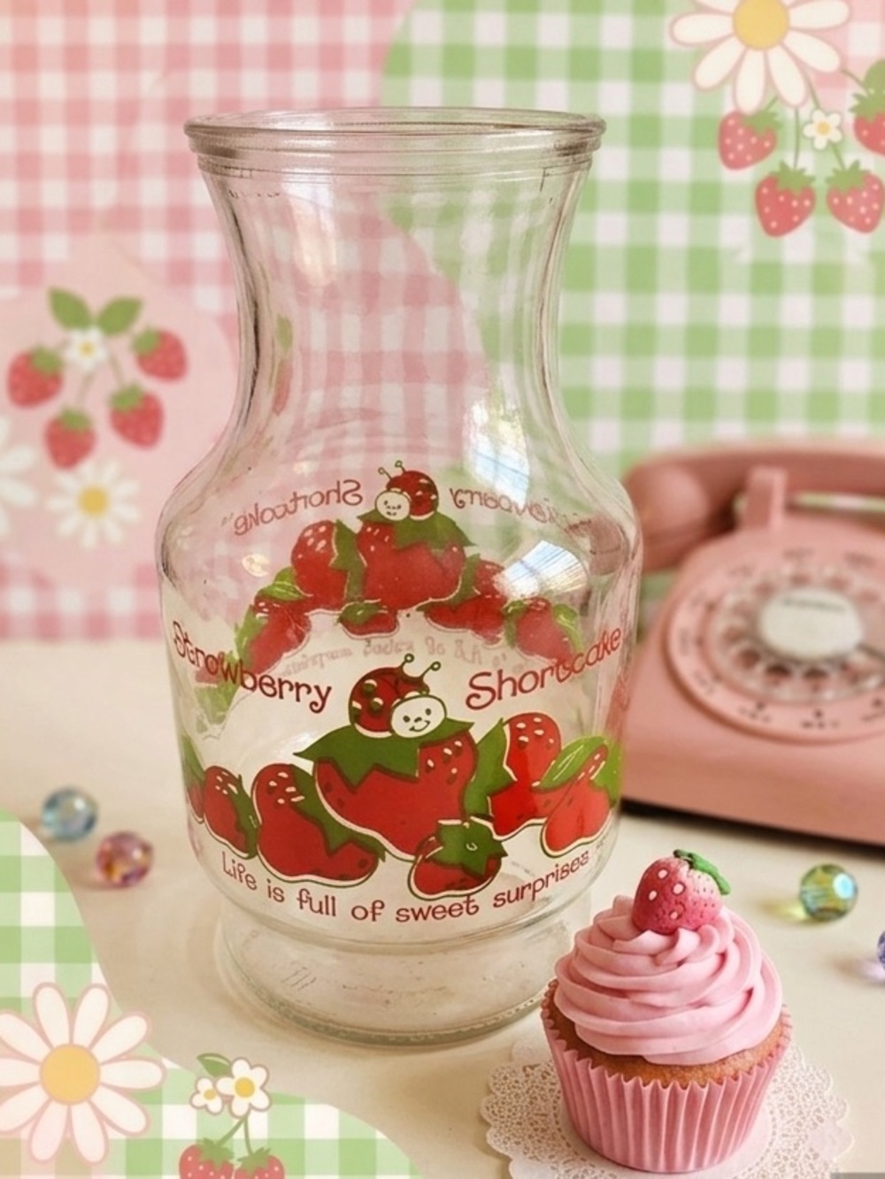 Vintage Strawberry Shortcake Glass Carafe/Juice Pitcher by American Greetings